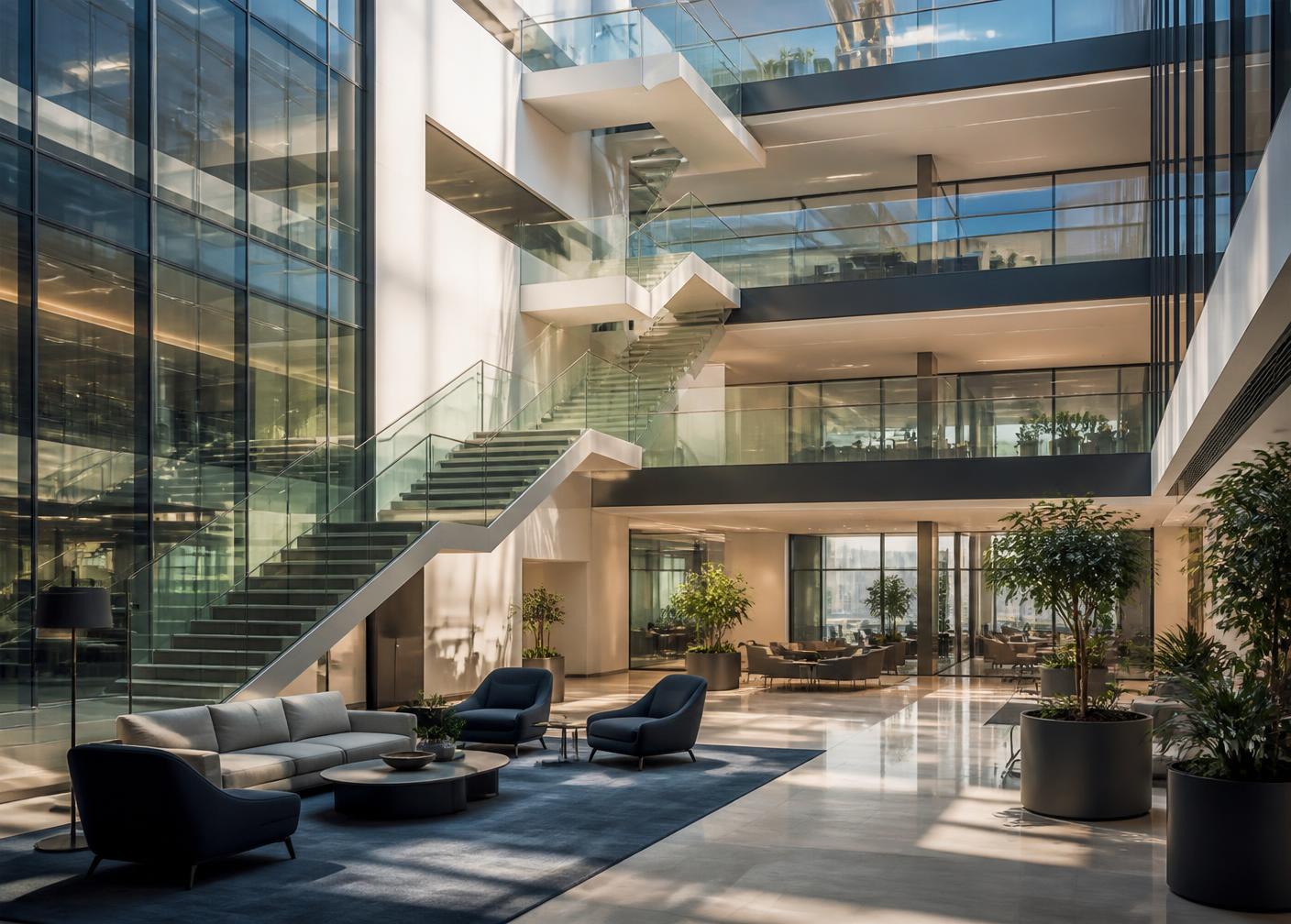 Modern corporate office atrium with layered glass and steel architecture